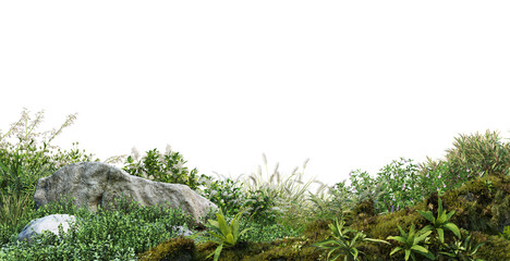 A small garden decorated with various plants and flowers on a transparent background.