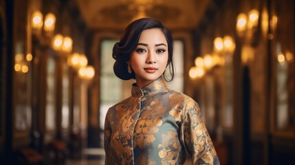 portrait of Indonesian women wearing kebaya and posing in Jakarta State Palace, Generative AI