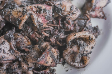 Squid in ink sauce dish. Cooked calamari with black sauce in white plate on white table. Unique food. Known as Tumis Cumi Hitam Pedas In Indonesia.