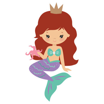 Cute sitting mermaid girl vector cartoon illustration. Sea princess.