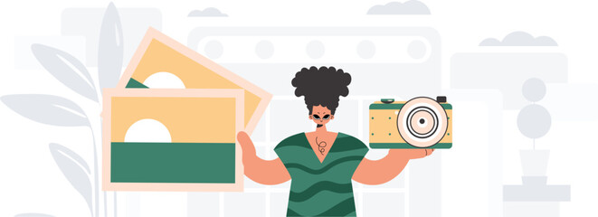 The individual holds a camera and photos in his hands. The concept of rest and travel. Trendy style, Vector Illustration