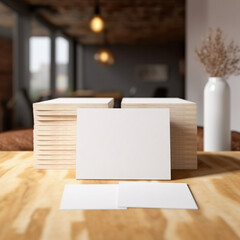 Mockup de tarjeta de papel cartulina en blanco con fondo de oficina sobre mesa de madera. IA Generativa. - obrazy, fototapety, plakaty