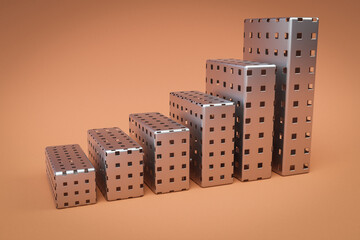 metal cage cubes stair raising graph in a row; infinite colorfull background; 3D Illustration
