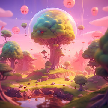 gran árbol envuelto en burbuja de oxígeno  y rodeado de organismos vivos flotantes en un ecosistema de bosque de fantasía rosa. IA generativa