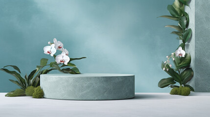 Stone Step Up Podium Product Mock Up and Display for Cosmetic, Beauty, and Tech Products Against Textured Blue Backdrop with Orchid Flowers and Leaves - Generative AI