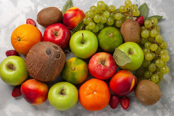 top view different fruit composition fresh fruits on white desk fruit fresh mellow summer vitamine