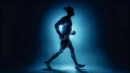 Fototapeta na wymiar Silhouette of running athlete. Abstract image of sporty man runner jogger on blue form lines, point background. Dynamic movement, vide view. Generative AI. High quality illustration