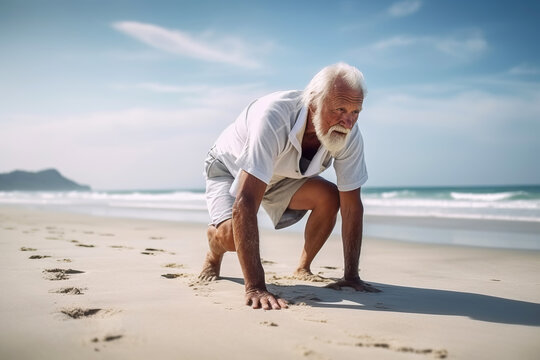 Old man is jogging on the sea coast. Generative AI illustration