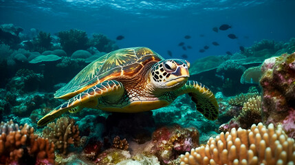 Fototapeta na wymiar Beautiful Underwater Postcard. Closeup sea Turtle Floating Up And Over Coral reef. Sea turtle in wild nature habitat. The concept of the underwater world and diving. Generative ai