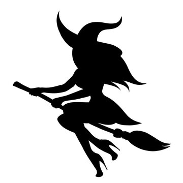 Black silhouette sexy witch on a broomstick cut out on white background.