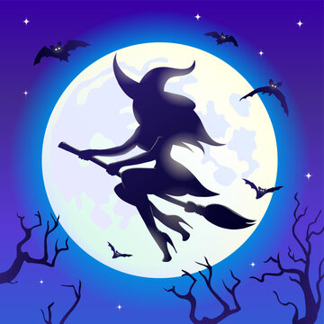 Halloween night background with Moon and Black silhouette sexy witch on a broomstick.