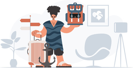 ﻿The person is holding a travel rucksack and a pillage. The concept of rest and travel. Trendy style, Vector Illustration