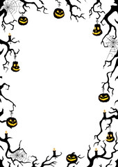 Halloween night frame with branches and Jack O' Lanterns. Vector poster illustration.