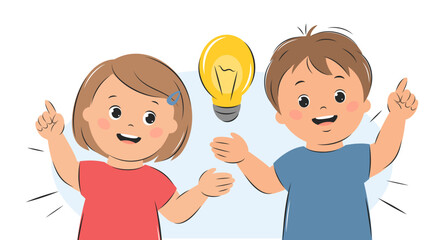 Kids with an idea, with lightbulb. Cartoon characters girl and boy for children design. Knowledge, creative thinking and education concept. Vector illustration

