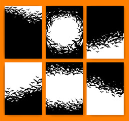 Black silhouette a flock of flying bats isolated on white background. Halloween poster set.