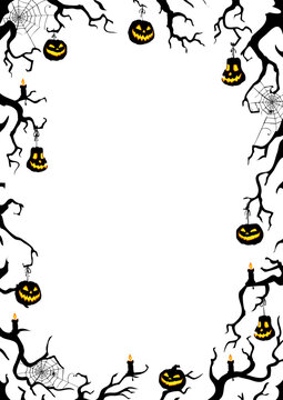 Halloween night frame with branches and Jack O' Lanterns. Vector poster illustration.