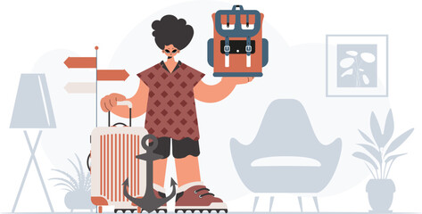 ﻿The person is holding a travel rucksack and a loot. The concept of rest and travel. Trendy style, Vector Illustration