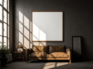 Interior of modern living room with gray walls, concrete floor, brown sofa and mock up poster frame, Generative Ai