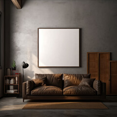 Modern living room interior with a brown sofa and a vertical poster hanging above it. Loft living room interior design with blank frame, Generative Ai