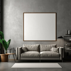 Modern living room interior with a brown sofa and a vertical poster hanging above it. Loft living room interior design with blank frame, Generative Ai