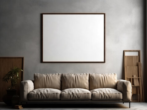 Interior of modern living room with gray walls, concrete floor, brown sofa standing near brown coffee table and vertical mock up poster frame, Generative Ai