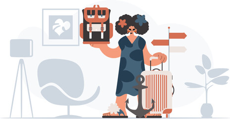 ﻿The eager lady is holding a travel rucksack and a loot. The concept of rest and travel. Trendy style, Vector Illustration