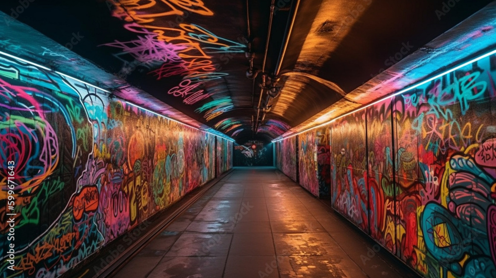 Canvas Prints a neon-lit tunnel with intricate graffiti artwork generative ai