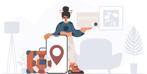 ﻿The youthful woman is holding a bank card and a phone with a region. The concept of rest and travel. Trendy style, Vector Illustration