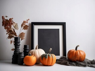 Landscape black picture frame mockup. Orange pumpkins on the linen tablecloth. White wall background. Minimal rustic interior, neutral color. Halloween, Thanksgiving concept