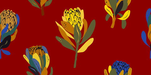 Vector seamless endless bright pattern, exotic protea. For printing on fabric, wallpaper, paper. Flat vector design	

