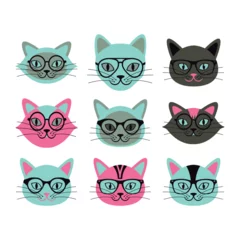 Fotobehang Different types of cats of different colors wearing glasses. Fashion Design, Vectors for t-shirts and endless applications. © vectory