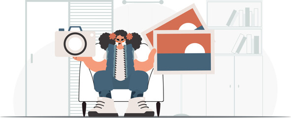 ﻿The never-ending woman holds a camera and photos in his hands. The concept of rest and travel. Trendy style, Vector Illustration