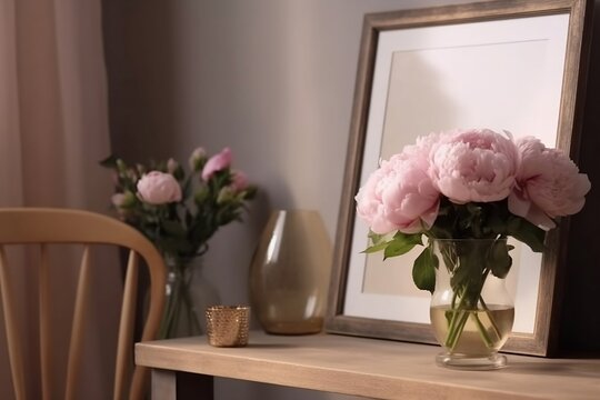 Living room, indoor still life. Empty picture frame mockup on beige wall. Wooden table and old chair. Glass with Rose bouquet. Elegant working space, home office concept. Interior design