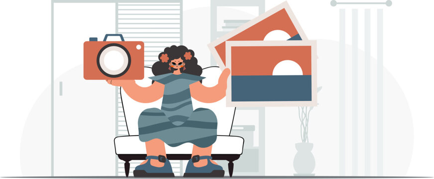 ﻿The never-ending lady holds a camera and photographs in his hands. The concept of rest and travel. Trendy style, Vector Illustration