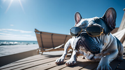 Fototapeta na wymiar French bulldog dog with sunglasses sunbathing and sleeping on sun lounger. summer and vacation concepts. (Generative AI)