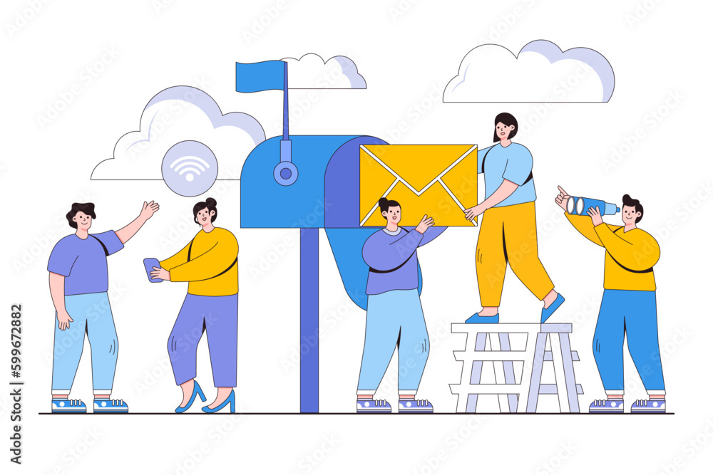 Aufkleber mailbox letters, receiving and sorting letters,web mail or mobile service concept with people charac