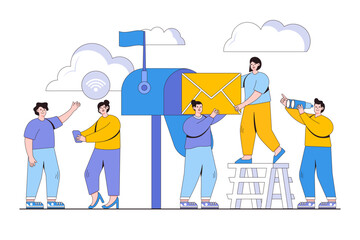 Mailbox letters, receiving and sorting letters,web mail or mobile service concept with people character. Outline design style minimal vector illustration for landing page, web banner, infographics