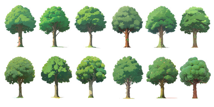 set of watercolor hand drawn paintings with asset illustrations of trees. High resolution transparent PNG. generative AI.