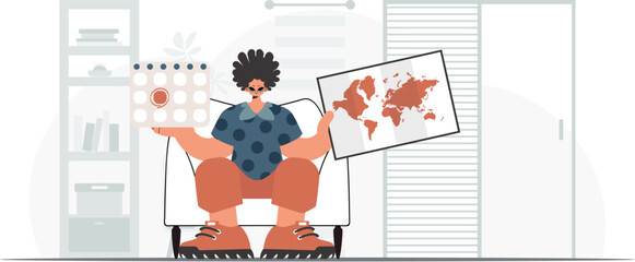 ﻿The person holds a calendar and a organize of the world in his hands. The concept of rest and travel. Trendy style, Vector Illustration