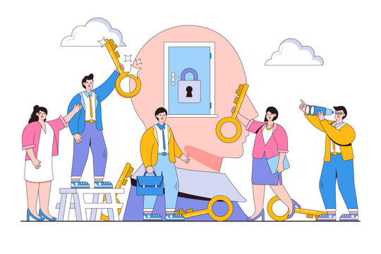 Creative teamwork concept with business people character search for key to success. Outline design style minimal vector illustration for landing page, web banner, infographics, hero images