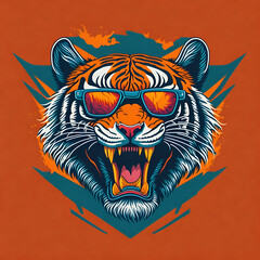 Obraz premium Artwork of t-shirt graphic design, flat illustration of one retro aggressive roaring tiger, wearing a sunglasses