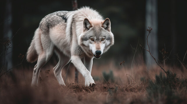Cunning wolf on the prowl in the winter forest.
