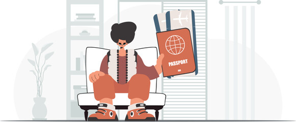 ﻿The person holds a around the world id and conversation around tickets in his hands. The concept of rest and travel. Trendy style, Vector Illustration