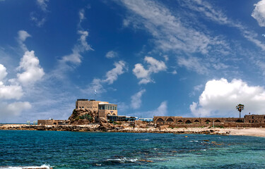 Fototapeta na wymiar Restaurant on seaside in Caesarea National Park, Israel