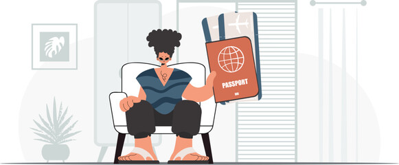 ﻿The person holds a around the world id and discussion around tickets in his hands. The concept of rest and travel. Trendy style, Vector Illustration