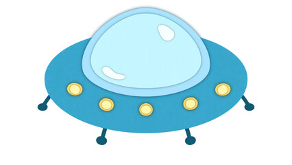 unidentified flying object UFO spaceship. Funny cartoon illustration of flying saucer on isolated transparent background in style of cut paper. Extraterrestrial technologies and civilizations © Kisandaya