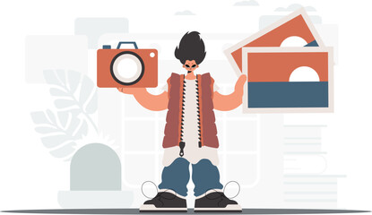 ﻿The individual holds a camera and photos in his hands. The concept of rest and travel. Trendy style, Vector Illustration