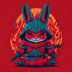 A detailed illustration face evil ninja rabbit, magic, t-shirt design