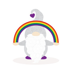 A gnome holding a rainbow, in a cut paper style with textures
