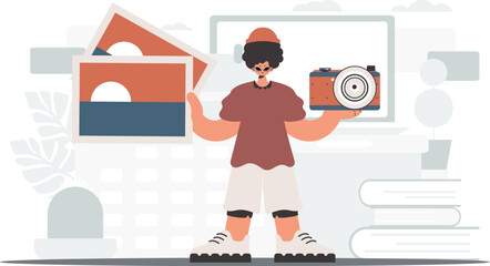 ﻿The person holds a camera and photographs in his hands. The concept of rest and travel. Trendy style, Vector Illustration